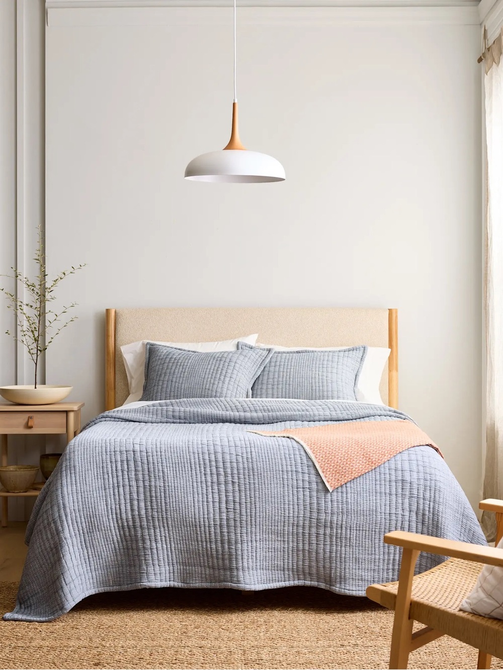 New Quince Organic Cotton Channel Stitch Coverlet Set King/Calking $174 Blue